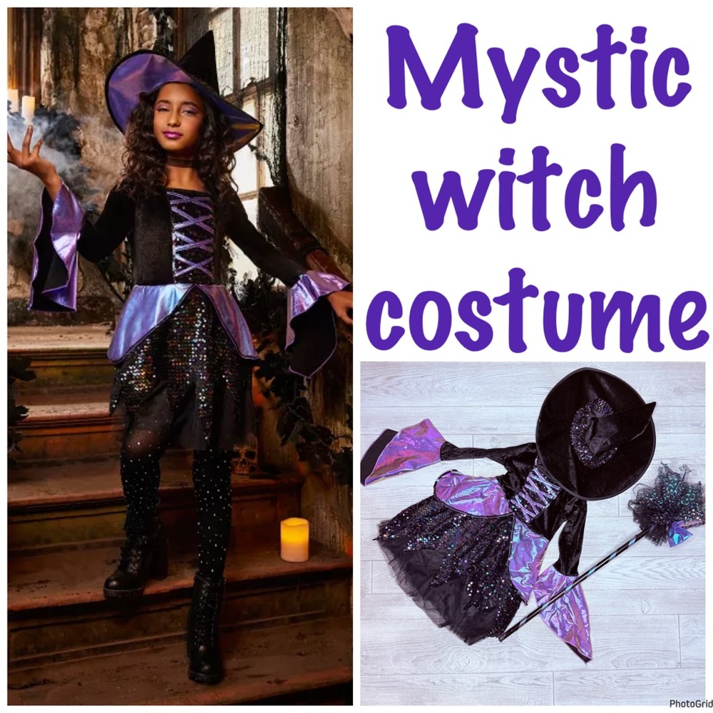 Mystic witch Halloween costume cosplay wand , hat , dress dress up sm 4-6y